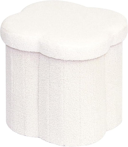 B FSOBEIIALEO Storage Ottoman Cube, Flowers Shaped Ottomans with Storage Foot Stool Footrest, Boucle Ottoman Seat for Dorm Room, Faux Teddy Fur,White 15"x15"x15"