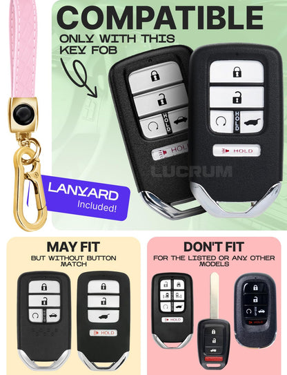 Lucrum Compatible with Honda Key Fob Cover & Leather Keychain - TPU Keyfob Case for Accord Civic CR-V HR-V Pilot Ridgeline Crosstour Fit, For 5 Button Remote (2015-2021) - Pink and Gold