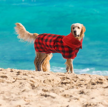 Geyecete Dog Drying Coat - Fast Drying Dog Bath Robe Towel - Microfibre Super Absorbent - Red Black Grid - M