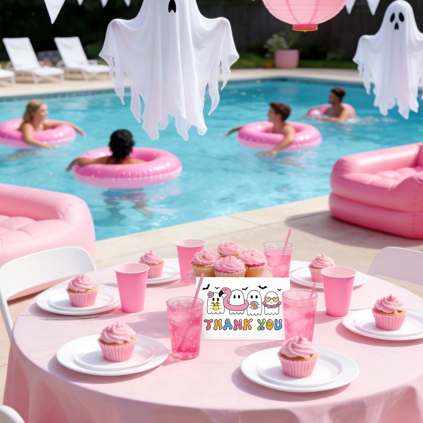 Whaline 24Pcs Summerween Thank You Cards with Envelopes Stickers Blank Greeting Cards Ghost Bat Swimming Ring Note Card for Summer Poor Party Supplies