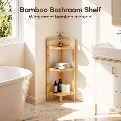 2026 New Bamboo Standing Shelf, 3 Tier Corner Shelf Stand, Free-Standing Shelf Units, Triangular Curved Corner Shelf Stand for Space-Saaving Display Ideal for Bathroom/Kitchen/Living Room Storage