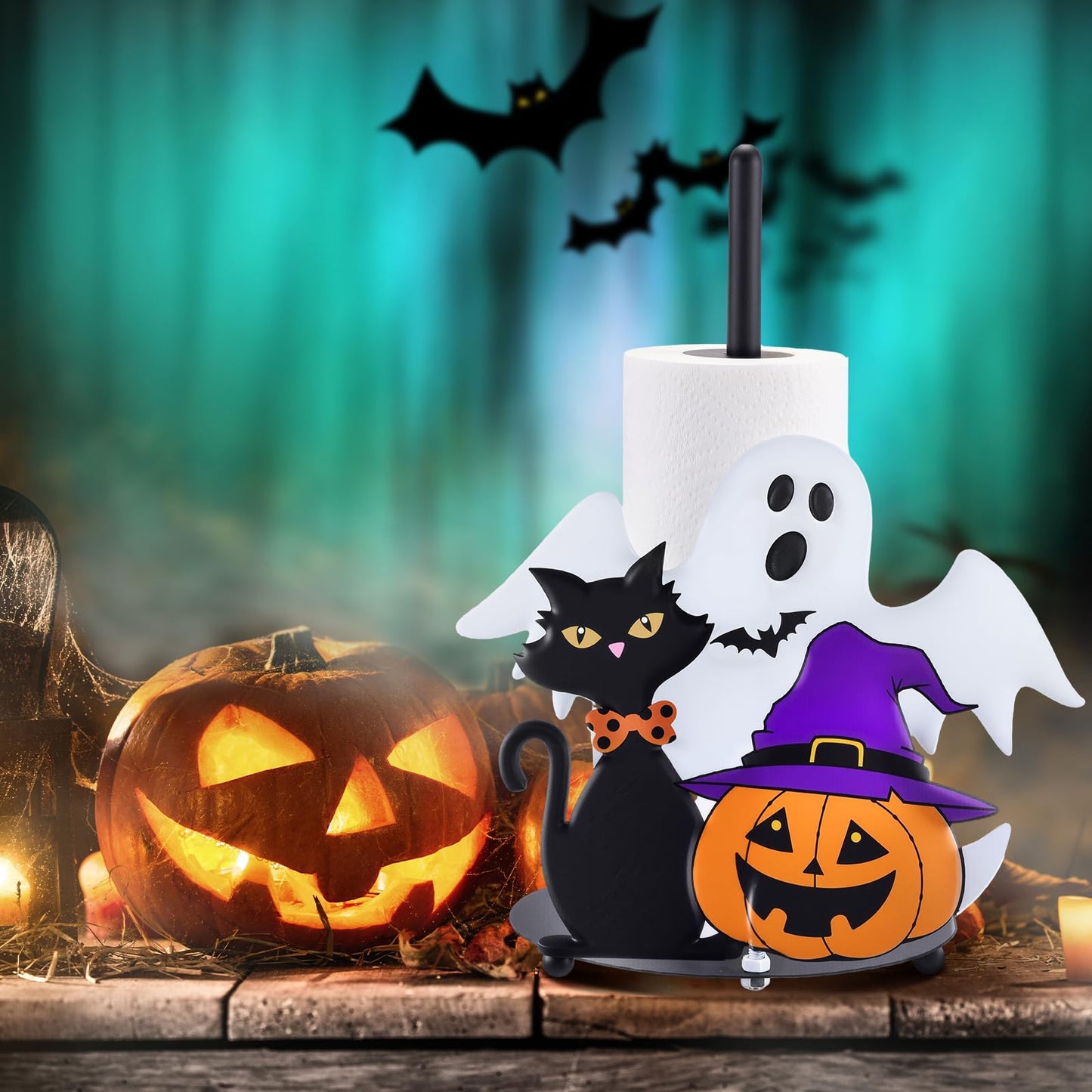 Willinglong Halloween Paper Towel Holder Metal Ghost Black Cat Pumpkins Towel Holder Halloween Bathroom Decor for Kitchen Home Countertops Bathroom Living Room Decoration