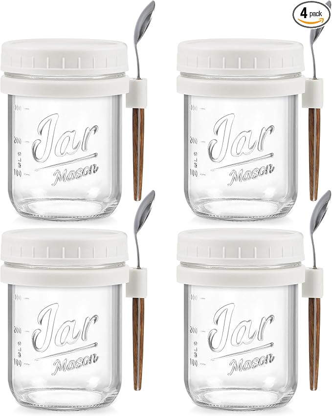 LANDNEOO 4 Pack Overnight Oats Containers with Lids and Spoons, 16 oz Glass Mason Jars with Airtight Lids, Overnight Oats Jars for Milk, Cereal, Fruit-White