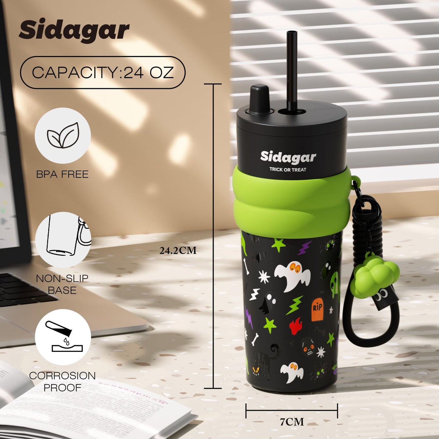 Sidagar 24 oz Tumbler with Lid and Straw, Insulated Coffee Mug Leak Proof, Portable Iced Travel Water Bottle, Reusable Thermal Coffee Cup, Gift for Women, Halloween
