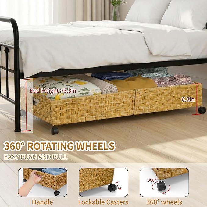 Under Bed Storage with Wheels, 31.5In/40L Large Rolling Underbed Storage Organizer Drawers Bins, Rattan Under the Bed Storage Containers with Handles, Space Saving Design for Clothes,Shoes,Books