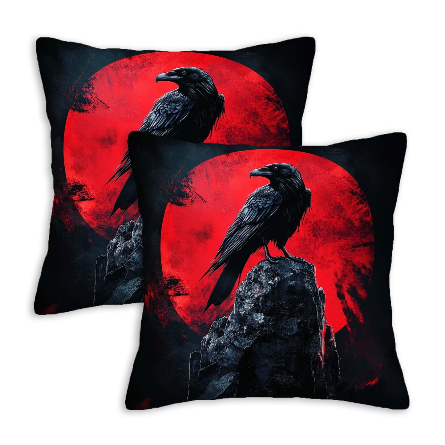 ZibZorp Raven Moon Pillow Covers 18x18 Set of 2 | Gothic Decorative Cushion Cases | Black Crow Red Moon Pillowcases | Halloween Dark Throw Covers for Sofa Living Room Bedroom Decor