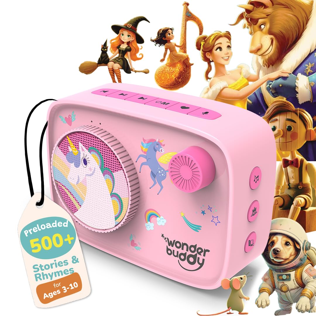 WonderBuddy Kids Story Box Audio Player, 500+ Preloaded Stories & Rhymes with Storybook DIY Art Kit, Voice Recorder, Content Upgrade, Bluetooth, Birthday Gift for Girls 3+ Years- Unicorn
