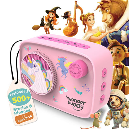 WonderBuddy Kids Story Box Audio Player, 500+ Preloaded Stories & Rhymes with Storybook DIY Art Kit, Voice Recorder, Content Upgrade, Bluetooth, Birthday Gift for Girls 3+ Years- Unicorn