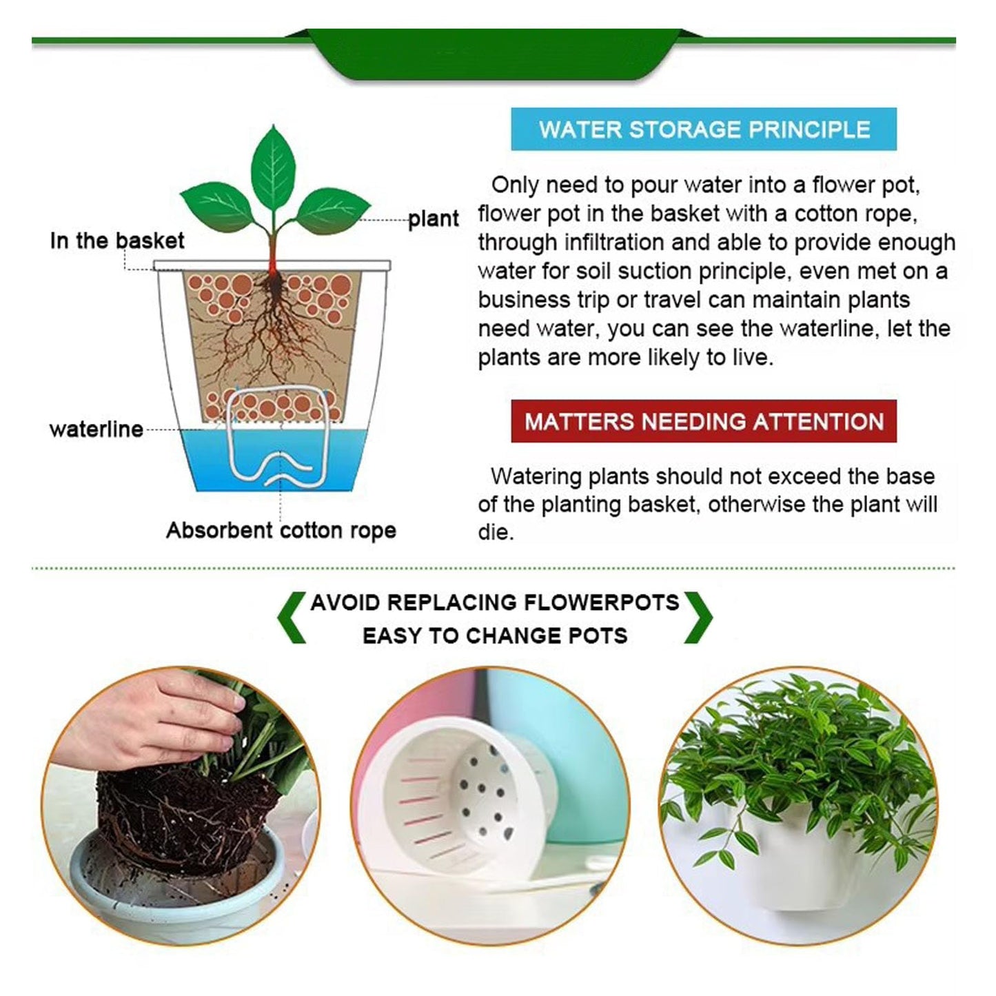 Spotact PP Plants Pots for Indoor Outdoor Gardening Hanging Self-Watering Flower Pots with Drainage Holes, Modern Planters for Houseplants Succulents Herbs (5, Medium)