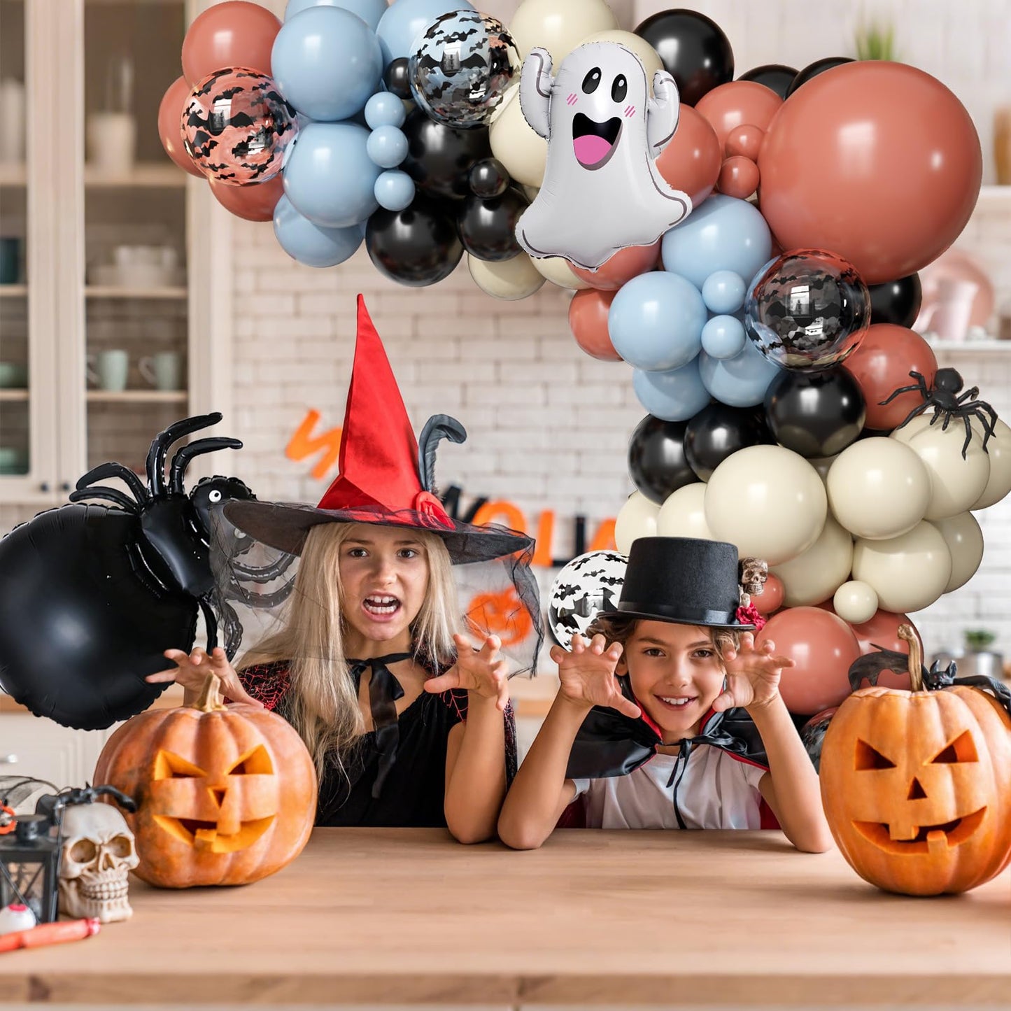 Halloween Balloons Arch Kit, 2025 Halloween Balloon Black Burnt Orange Dusty Blue Latex Balloons Garland with Ghost, Spider, Bat Printed Foil Balloon for Ghost Party Decorations