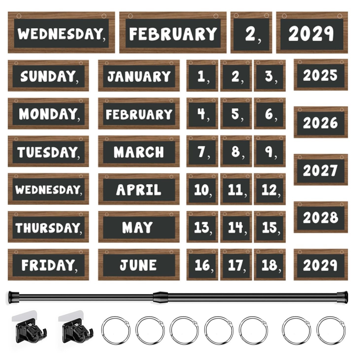 Flip Calendar Bulletin Board Set Classroom Decorations for Whiteboard with Adjustable Flip Calendar Rod Holder Date Cards Days of The Week for Classroom School Supplies(Rustic)