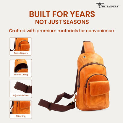 The Tannery Handmade Buffalo Leather Multipurpose Travel Hiking Crossbody Chest Backpack with Adjustable Shoulder Strap, Thanks Giving (Camel Brown, Small)