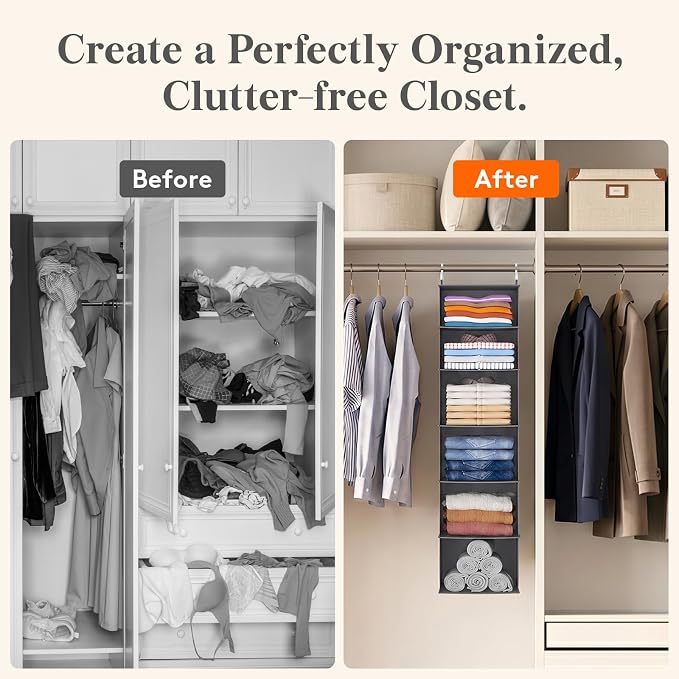 Lifewit 6 Tier Hanging Closet Organizer and Storage for Shelves, 1 Pack Foldable Clothes Shelf with 2 Sturdy Hooks, Sweater/Coat/Shoes Clothing Organization for Wardrobe, Dorm, Bedroom, Gray