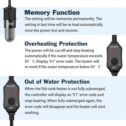 YOFOTHS Adjustable Mini Aquarium Heater 0.5/1/2/3 Gallon Submersible Small Fish Tank Heater 10W/20W/30W Digital Display Thermostat External Temperature Controller (10W)