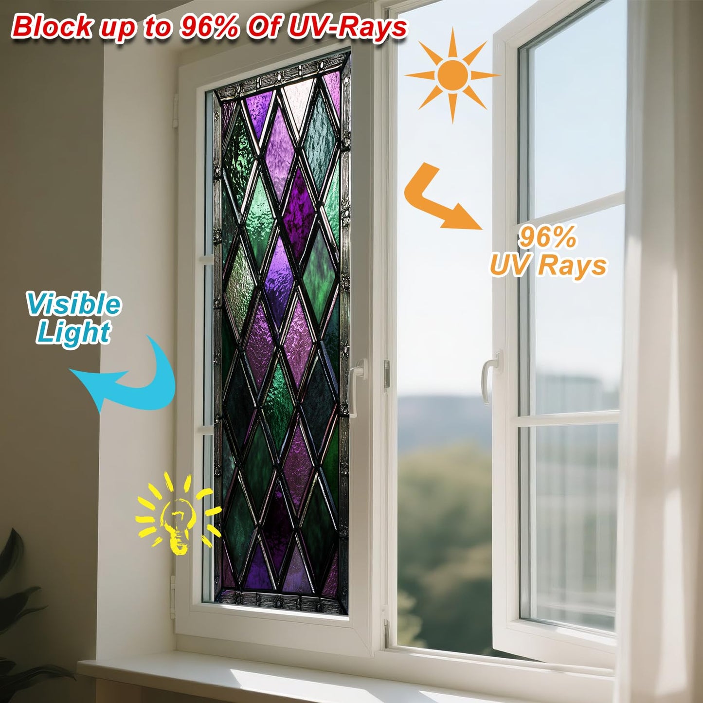 IVN Privacy Window Film Stained Glass Window Cling Purple Green Diamond Pattern Decorative Static Cling Window Sticker for Bathroom Kitchen Entry Door 17.7 x 39.3 Inch