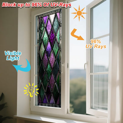 IVN Privacy Window Film Stained Glass Window Cling Purple Green Diamond Pattern Decorative Static Cling Window Sticker for Bathroom Kitchen Entry Door 17.7 x 39.3 Inch