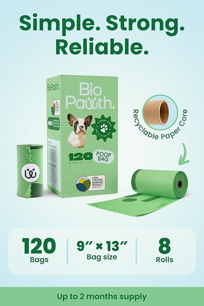 Dog Poop Bags, USDA Certified Biobased Product (42%), Extra Thick & Leak-Proof, Unscented Pet Waste Bags for Dogs & Cats, 120 Count