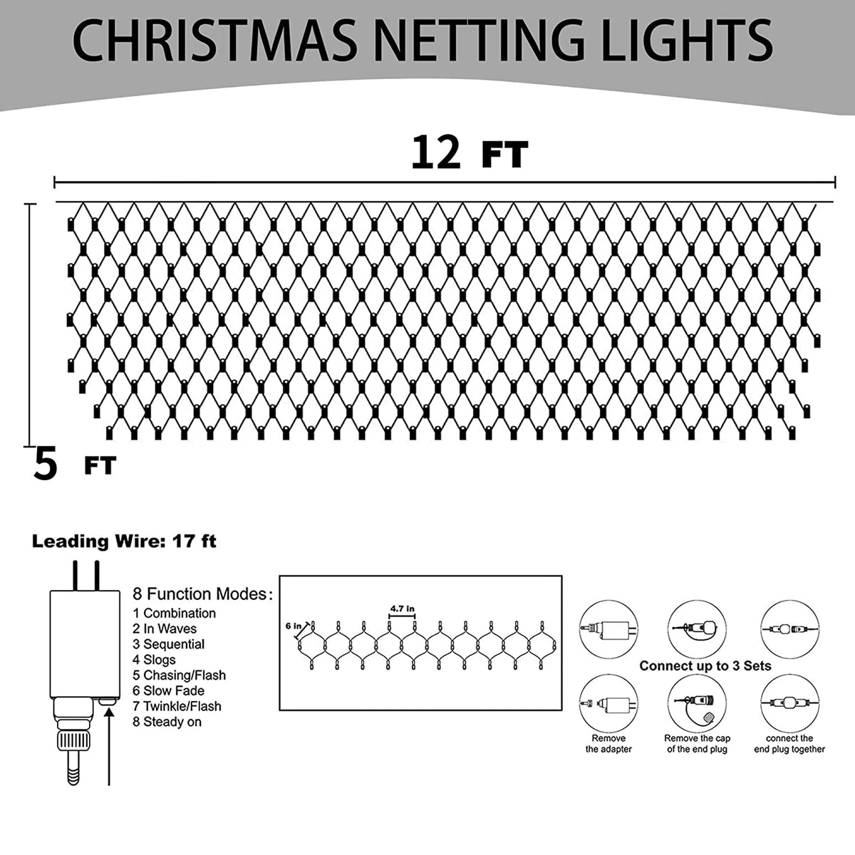 Dazzle Bright 360 LED Net Lights, 12FT x 5FT, Waterproof, 8 Modes, White, Model HB-360WCOI