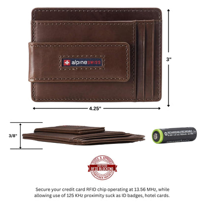 Alpine Swiss Harper Mens RFID Slim Front Pocket Wallet Magnetic Money Clip ID Card Holder Leather Glossy Nappa Brown