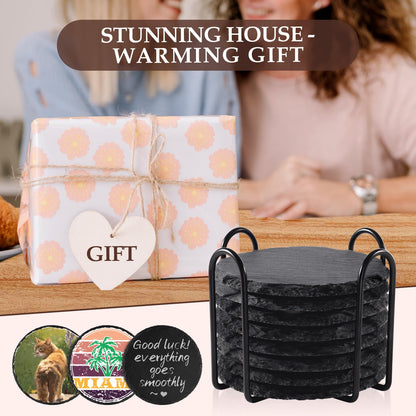 Slate Drink Coasters with Metal Holder, GOH DODD Set of 8 Black Coasters, 4 Inch Stone Coaster Set Tabletop Protection for Home Kitchen Apartment Bar Decor Housewarming Gifts Wedding Party, Round
