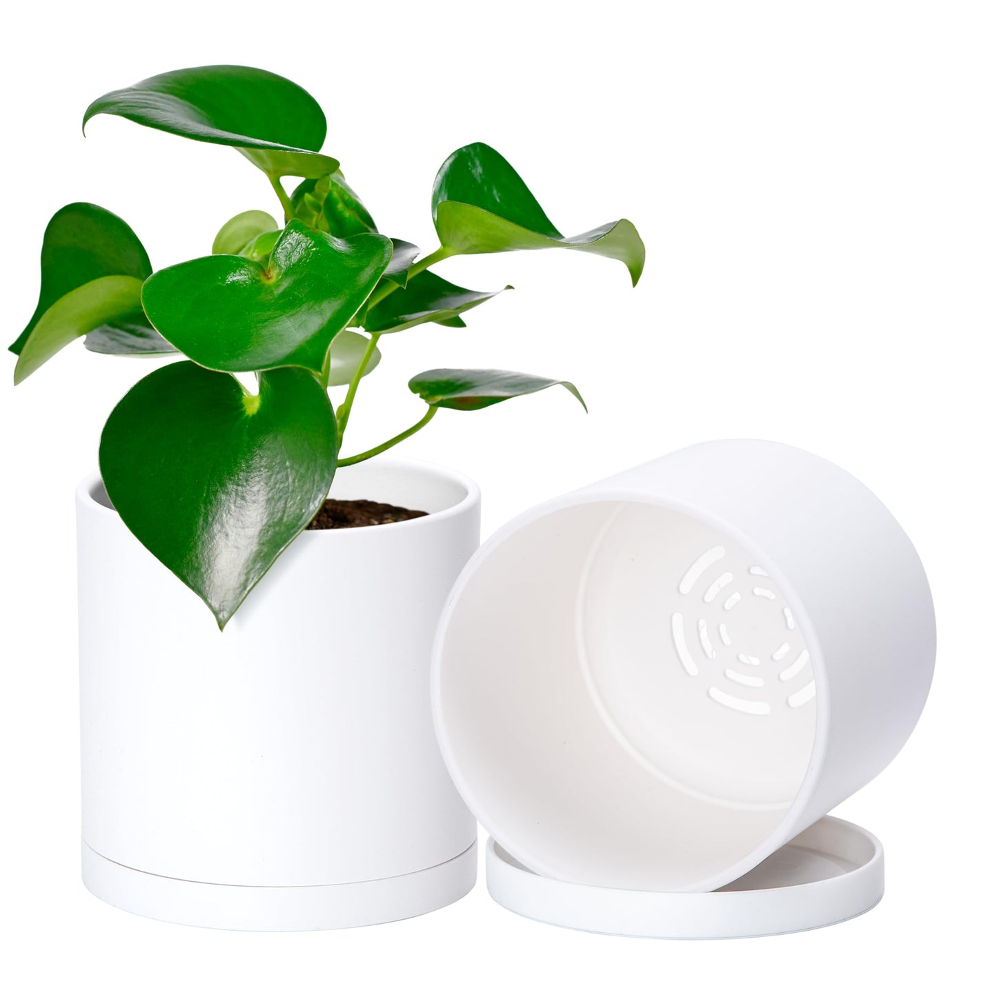 D'vine Dev 2 Pack 5 Inch Modern Plastic Plant Pots, Small Garden Planters for Plant with Drainage Holes and Saucers, White Color, 74-Z-G-1