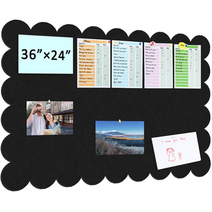 Black Scalloped Felt Bulletin Board - 36 x 24 Inches Large Felt Board Foldable Cork Board Alternative Photo Board Self-Adhesive Vision Board Decorative Pin Board for Wall