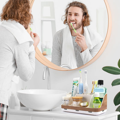 GFWARE Bathroom Countertop Organizer - Detachable 7 Slots Kids Electric Toothbrush and Toothpaste Holde Drainage for Bathroom Accessories Organization Counter Vanity Storage, Woodgrain