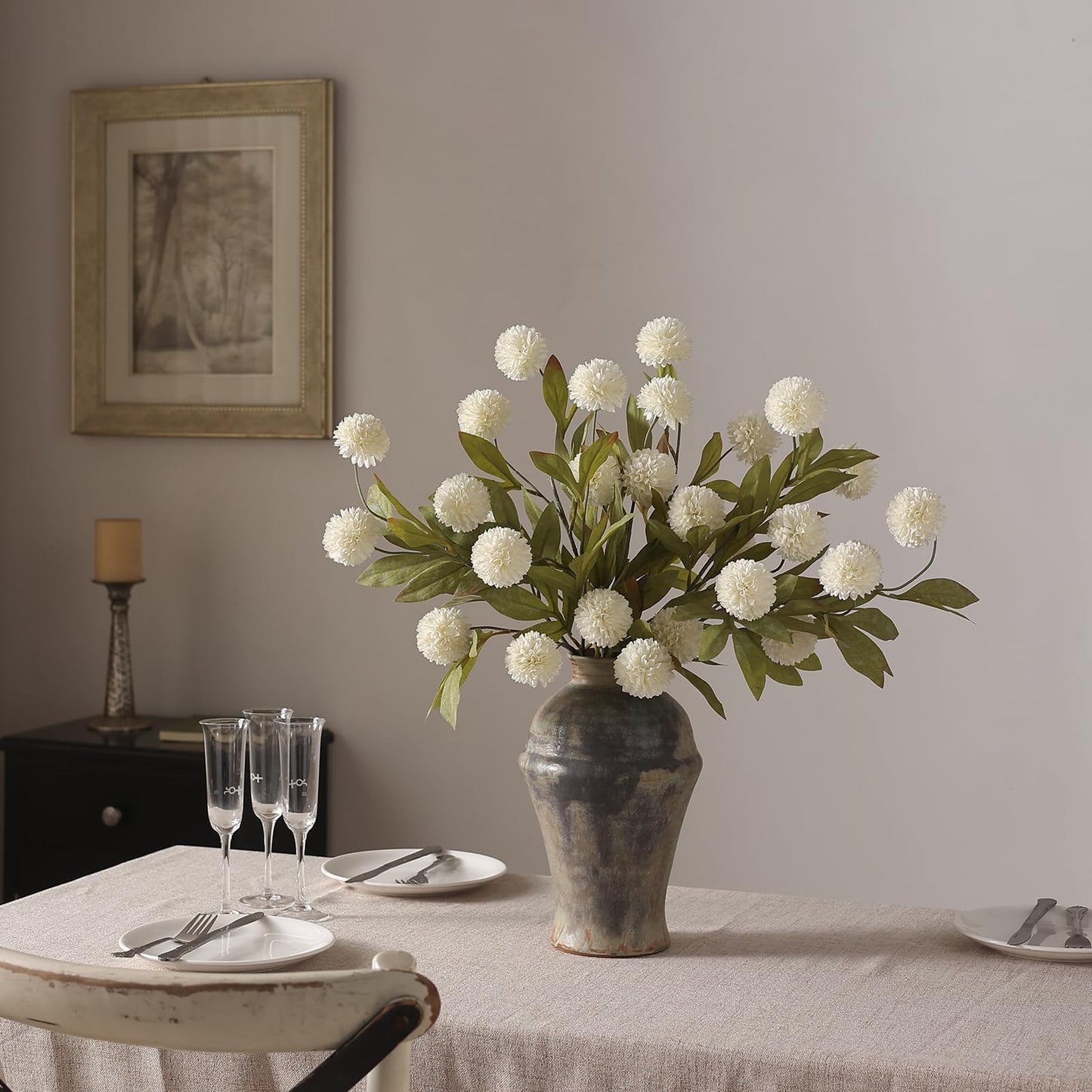 Juxdp 6 PCS Artificial Pompon Mum Branches for Vase - 27" Fake Silk Chrysanth Stems Look Real Faux Flowers for DIY Bouquet, Table Centerpieces, Farmhouse, Home Decor (Cream)