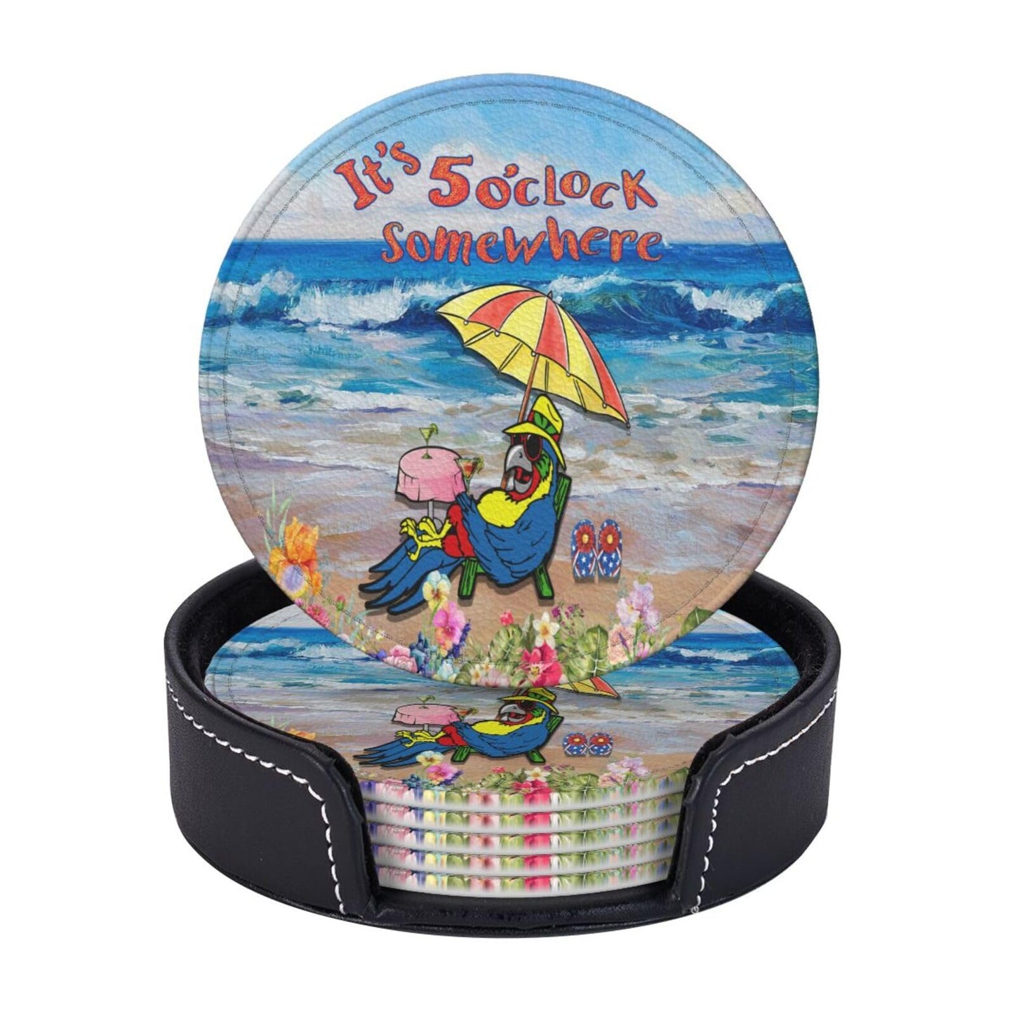 ItS 5 O'Clock Somewhere Parrot Drink Coasters Set of 6 Pack with Holder Able Cup Mat for Hot Cold Drink Non-Slip Housewarming Gifts