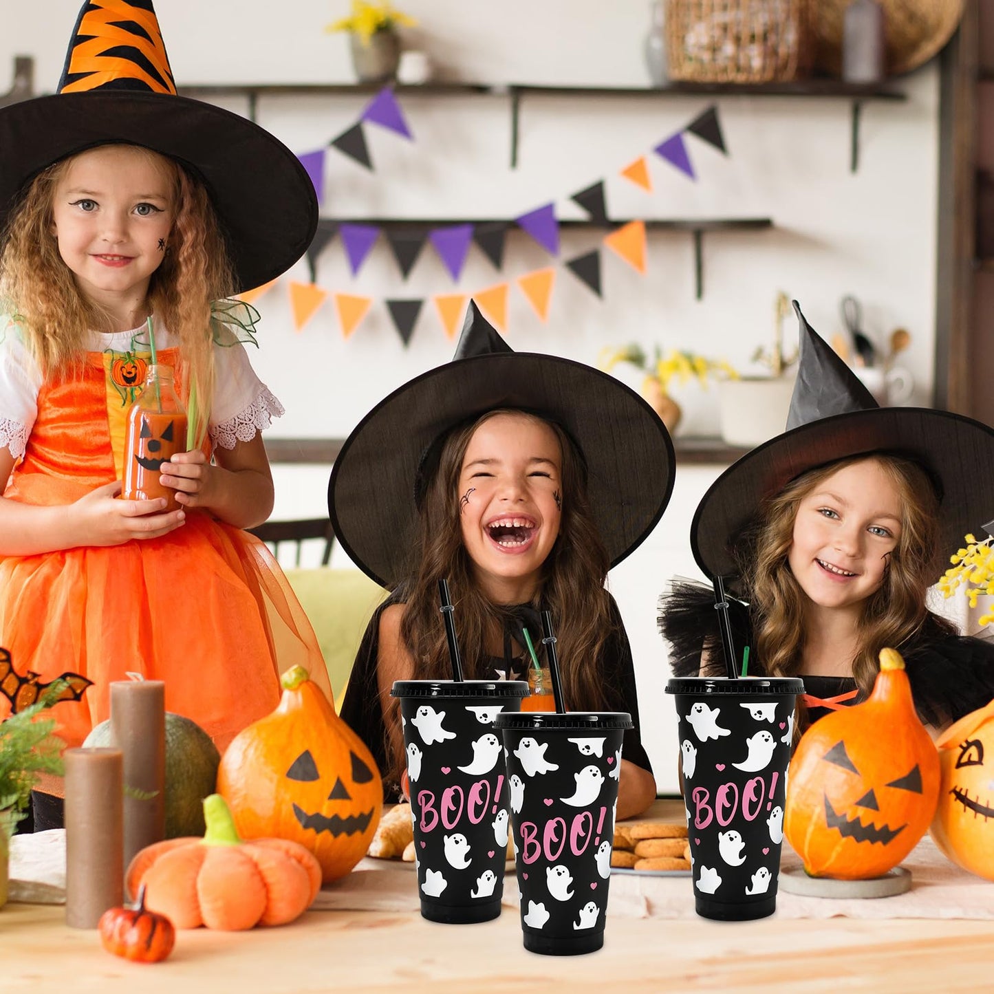 JarThenaAMCS 12Pcs Halloween Plastic Cups with Straw and Lid Cute Ghost Tumbler 24oz Boo Plastic Cups for Cold Drinks Halloween Decoration Party Favors