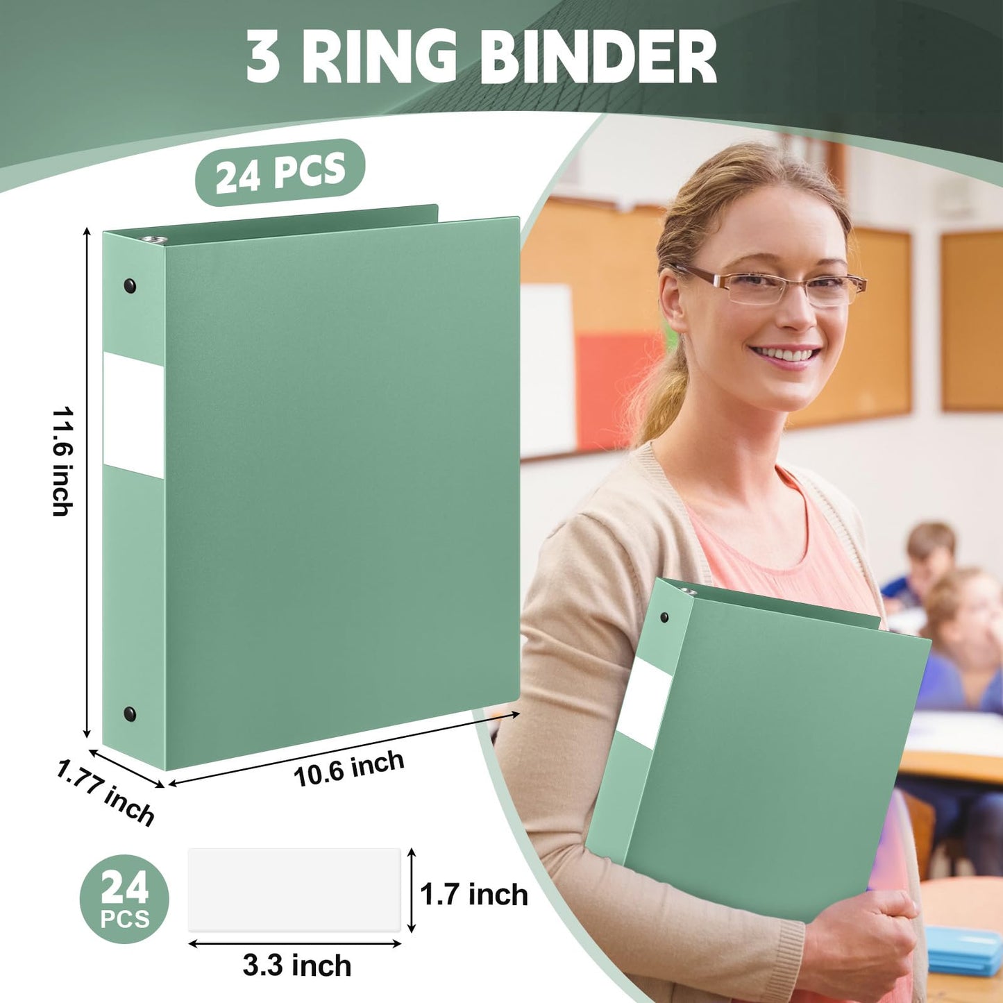 Henoyso 24 Pcs Sage Green 1.5" 3 Ring Plastic Binder Bulk, 1 1/2 Inch Soft Flexible Binders Round Rings, Fits Letter Size 8.5'' x 11'' Paper, Holds 350 Sheets, for School Office (1.5 Inch)