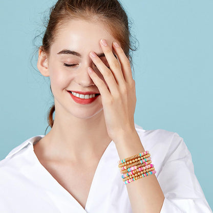 GOOJIDS Surfer Heishi Clay Bead Bracelets for Women Bohemian Stackable Gold Plated Beaded Stretch Bracelets Elastic Layering Friendship Bracelets Set Boho Jewelry (F-Pink Multicolor Set)