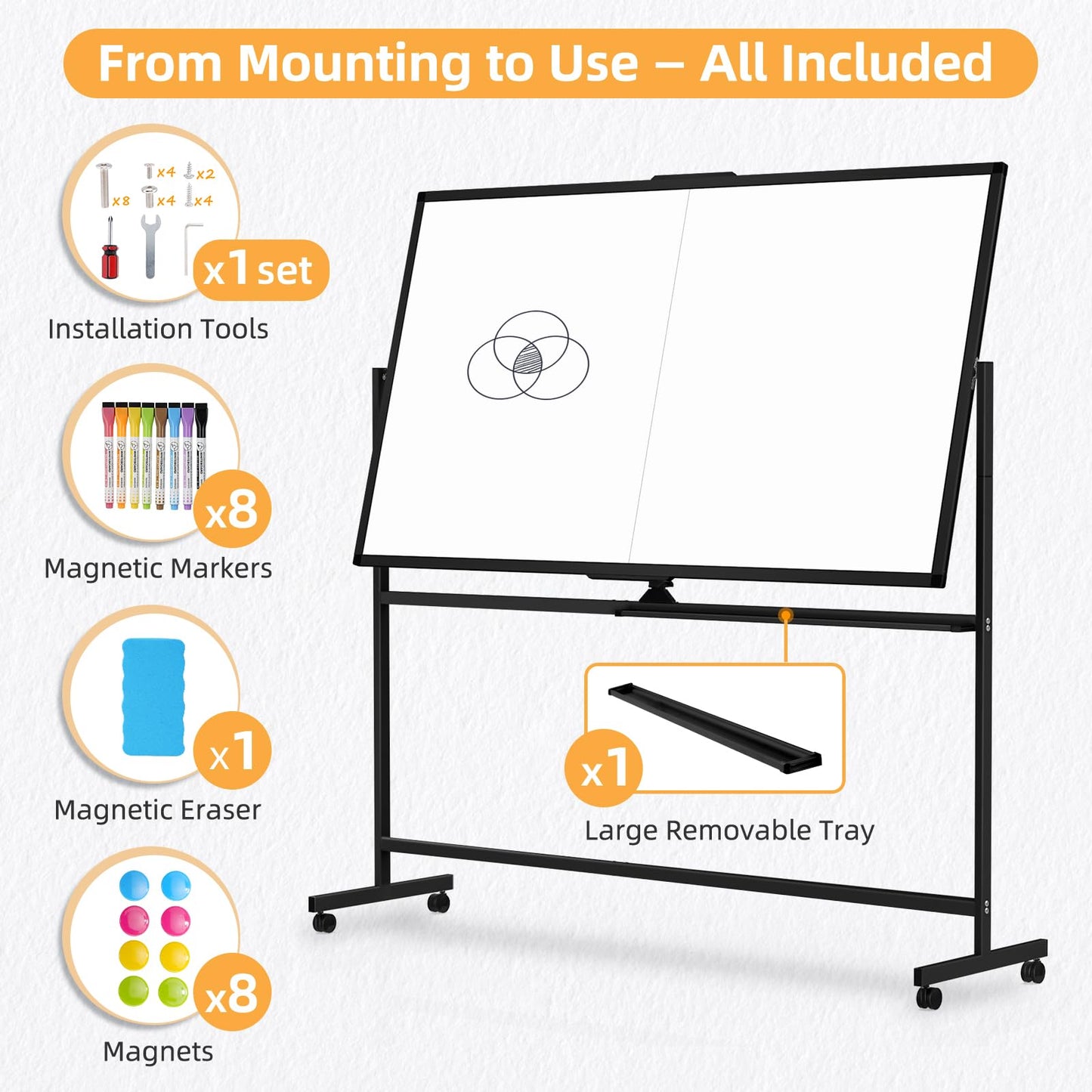 WALGLASS Rolling Whiteboard on Wheels, 72"x40" Double-Sided Dry Erase White Board with Stand, Large Magnetic Whiteboard, Giant Portable Standing Board for Office, School, Home, Classroom 6 x 3.33 ft