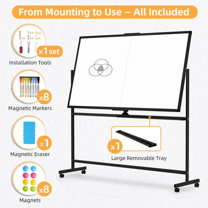 WALGLASS Rolling Whiteboard on Wheels, 72"x40" Double-Sided Dry Erase White Board with Stand, Large Magnetic Whiteboard, Giant Portable Standing Board for Office, School, Home, Classroom 6 x 3.33 ft