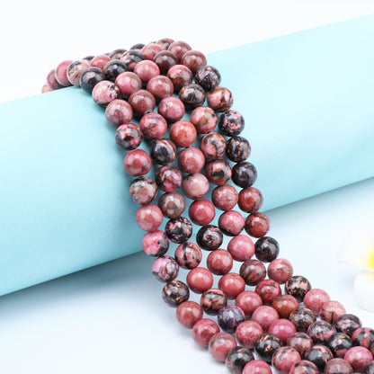 CMBYN Natural Stone Beads Round Genuine Real Stone Beading Strand Loose Gemstones DIY Smooth Bead for Bracelet Necklace Earrings Jewelry Making (Pink Black Rhodonite, 10mm 36 Pieces)