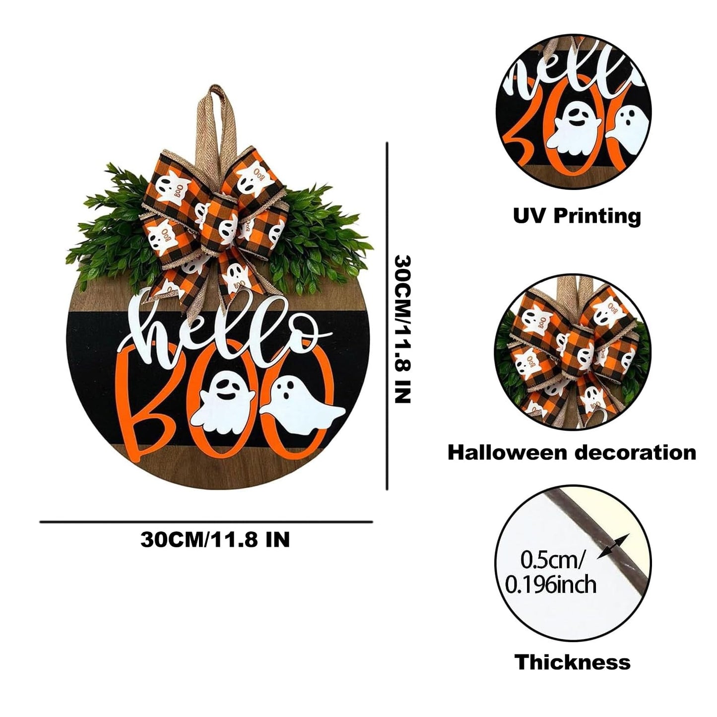 Cute Halloween Ghost Door Hanger Sign, Wooden Welcome Wreath for Front Door Farmhouse Porch Outdoor Wall Decor