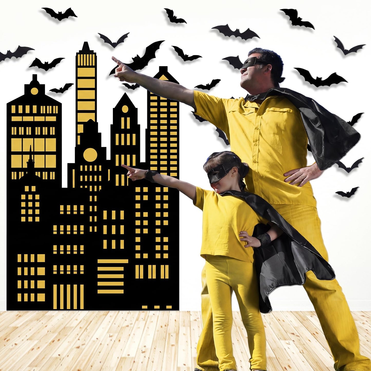 Tingjoo 61 Pcs Bat City Backdrop Photography Background Include 60 Pcs 3D Bats Vampire Wall Decal Stickers Skyscraper City Background for Hero Theme Birthday Party Supplies