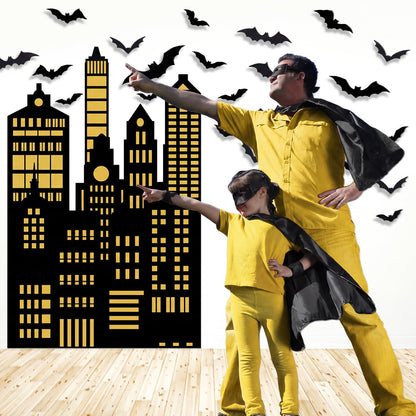 Tingjoo 61 Pcs Bat City Backdrop Photography Background Include 60 Pcs 3D Bats Vampire Wall Decal Stickers Skyscraper City Background for Hero Theme Birthday Party Supplies