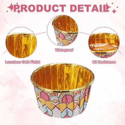 HARFINGTON 150 Pcs Cupcake Baking Liners 3.5 oz Foil Cupcake Liners Gold Little Baking Cups Bohemian Style for Birthday Party Wedding Festival, Dark Pink/Yellow