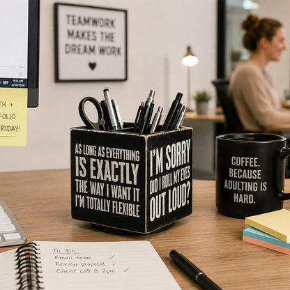 Outus Funny Coworker Gift Pen Holder for Desk, Sarcastic Office Desk Decor, Rotating Wooden Pencil Holder, Funny Office Gift for Women Men Boss Coworkers (Black)
