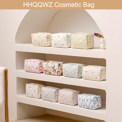 HHQQWZ Makeup Travel Cosmetic Bag, Two Pack: Pink+Blue Floral, Zipper Closure, Durable Polyester, Perfect for Toiletry, Makeup, Travel