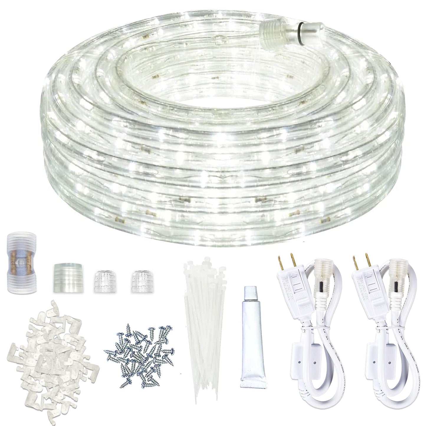 SURNIE Rope Lights Outdoor Waterproof Daylight White: LED 50FT Cuttable Outside Bright 110V Lighting Connectable Flexible Plug Cool Clear Tube, Indoor Deck Patio Xmas Camping Decor, Not Flat Strip