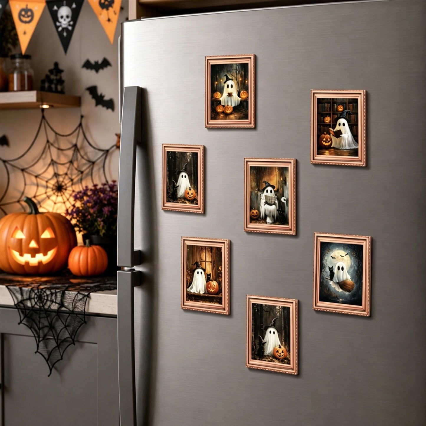 Whaline 6 Pcs Halloween Refrigerator Magnets Cute Ghost Black Cat Pumpkin Mini 3D Art Frame Magnets Spooky Fridge Magnetic Stickers Decal for Party Kitchen Home Cruise Door Locker Decor