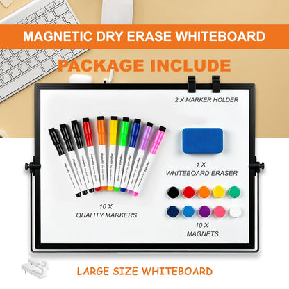 Dry Erase WhiteBoard, Aisuoker 16 x 12inch Magnetic Desktop Whiteboard with Stand, 10 Markers, 10 Magnets and 1 Eraser, Portable Double-Sided White Board for Kid Drawing Memo to Do and List Wall-Black