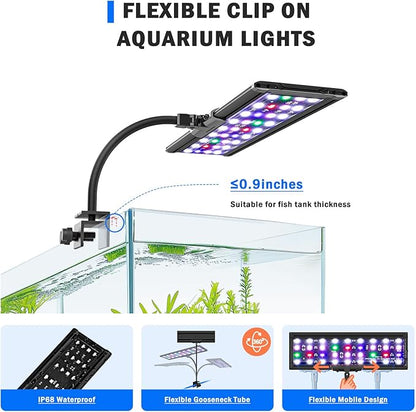 AQQA LED Aquarium Light, 24/7 Mode Clip on Fish Tank Light with Memory Function, DIY Mode Full Spectrum Aquarium Plant Light, Adjustable Timer/Brightness, IP68 Waterproof for 11-16 Inch Fish Tank 11W