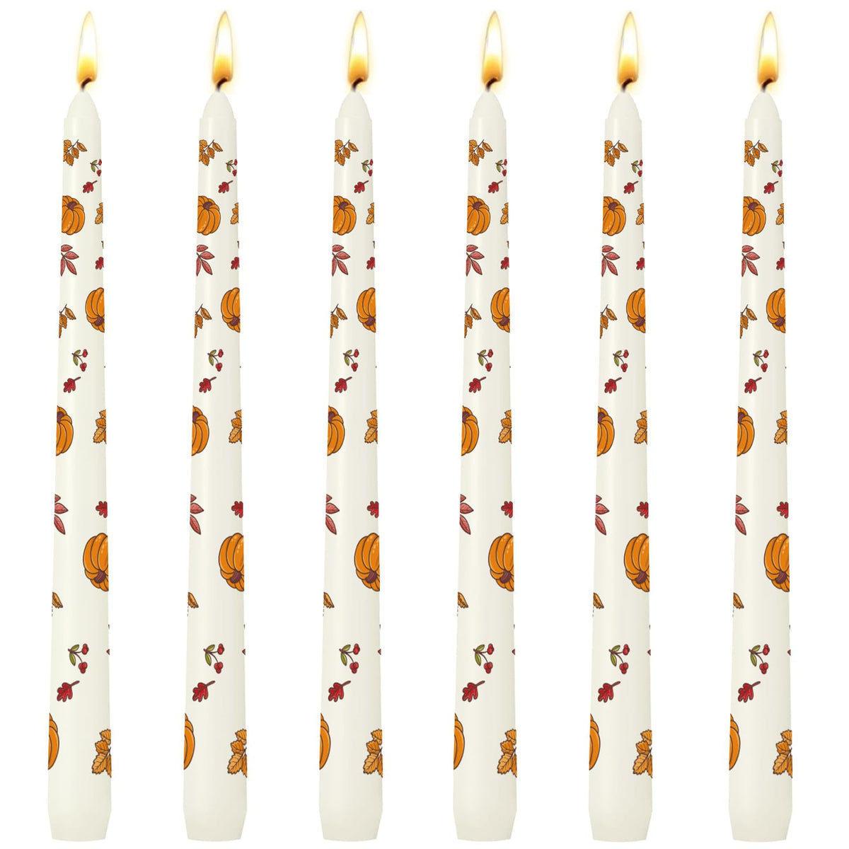 6 Pack Printed Taper Candle Set for Home Decoration, 10 Inch Ivory Candlesticks with Pumpkin and Yellow Leaves Pattern for Dinner Holiday Seasonal Celebration, Dripless and Smokeless Candle