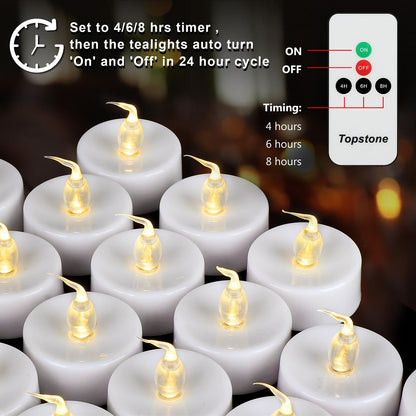 Topstone Flameless LED Candles with Remote Control - Warm White Flickering Battery Operated Candles, 400+ Hours,Timer Function, 4H/6H/8H Auto-Off,Electronic Tea Candles for Home Decor, Wedding, Party