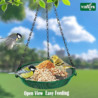 Hanging Bird Feeder for Outdoors – 9 in Metal Mesh Bird Feeder Tray Platform for Small Wild Birds, Green