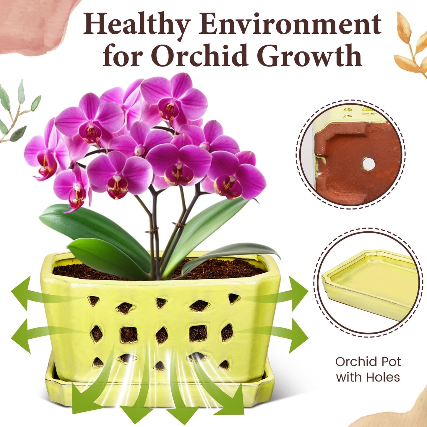 Teenyyou 1 Set Orchid Pot with Holes 9.5 Inch Ceramic Orchid Pot with Saucers for Repotting Amaryllis Flower Planter Include Gardening Shovel Set and Gloves for Home Decor(Yellow)