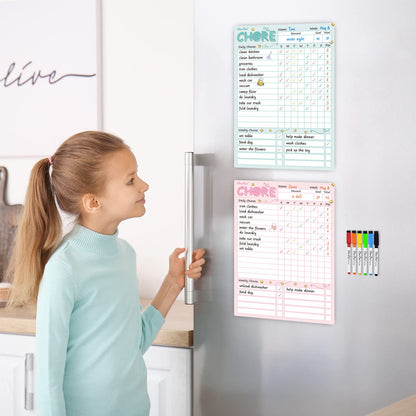 Magnetic Dry Erase Chore Chart - 8.5"x12" Behavior Responsibility Chore Board for Kids, Teenagers - 6 Extra Fine Point Markers Included - Shipped Flat 2 Pcs Blue & Pink